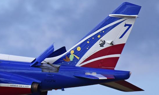The Patrouille de France Alpha jet "7" with its special livery honoring Antoine de Saint Exupéry and his Little Prince 